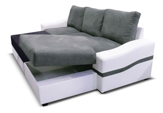 Canapé Convertible Lit Avec Coffre De Rangement Angle Droit Tissu Et Pu Oregon Blanc Et Gris