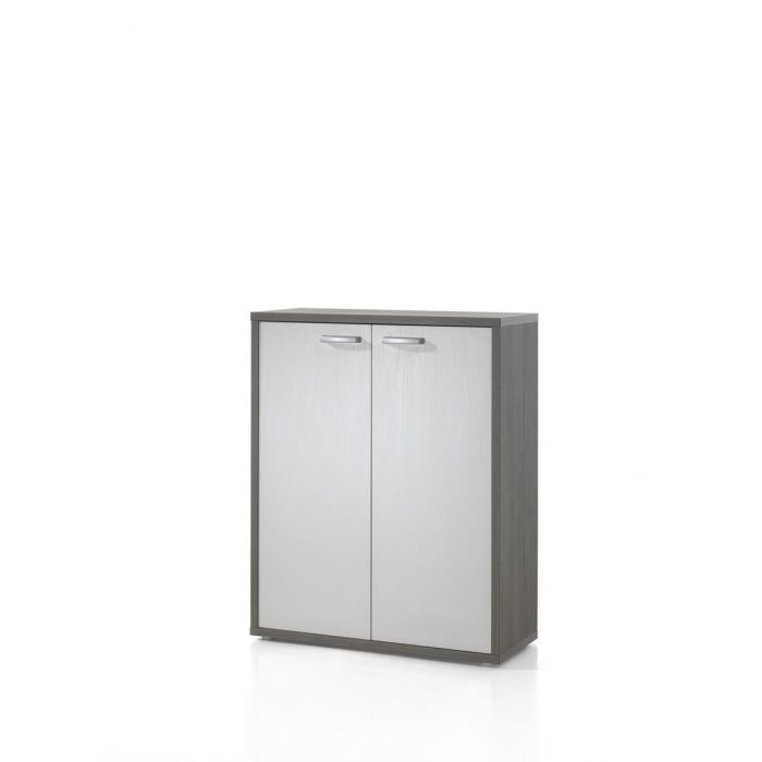 Meuble Bas De Rangement Gris Et Blanc Pour Bureau 2 Portes Jupi